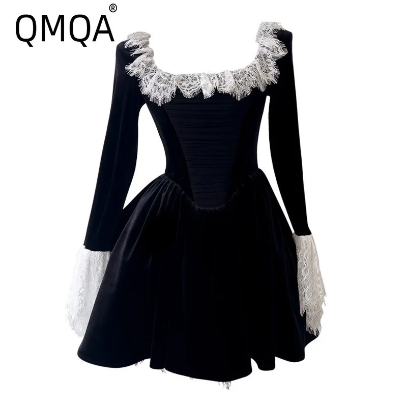QMQA Fashion Women's Elegant Black Velvet Dresses Square Collar Lace Spliced Long Sleeved Waist Slimming Party Dress New QM126
QMQA Fashion Women's Elegant Black Velvet Dresses Square Collar Lace Spliced Long Sleeved Waist Slimming Party Dress New QM126