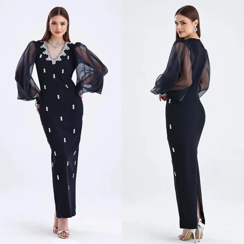 Aleeshuo Modern Black Mermaid Long Sleeves Evening Dresse Pleat Crystal Beaded Prom Evening Gowns Floor-Length V-Neck Customized
Aleeshuo Modern Black Mermaid Long Sleeves Evening Dresse Pleat Crystal Beaded Prom Evening Gowns Floor-Length V-Neck Customized