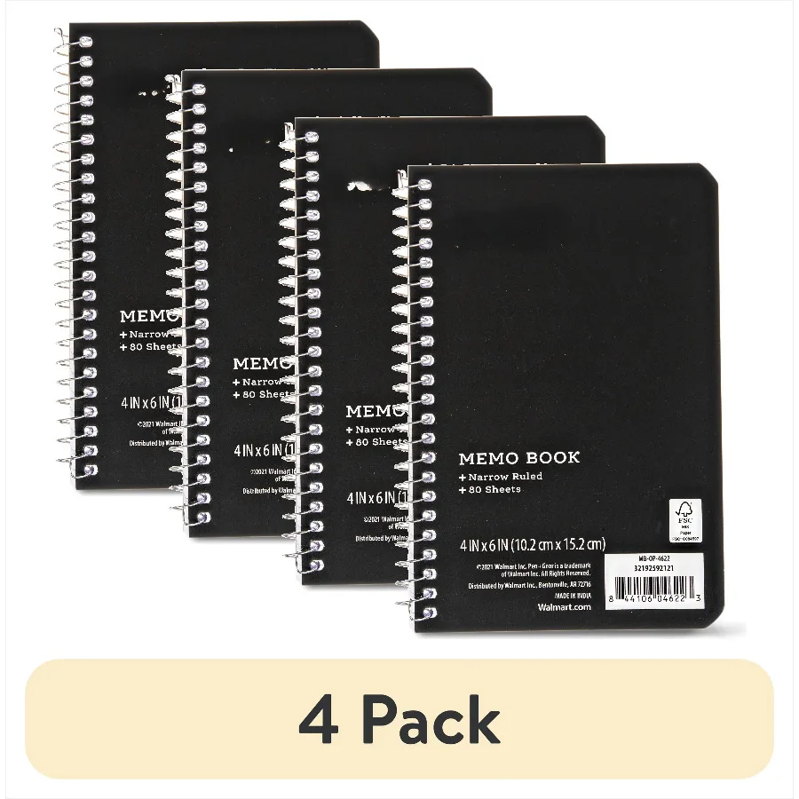 Memo Book, 4x6, Narrow Ruled, 80 Sheets, Black, Spiral Bound, Paper Cover 
Memo Book, 4x6, Narrow Ruled, 80 Sheets, Black, Spiral Bound, Paper Cover