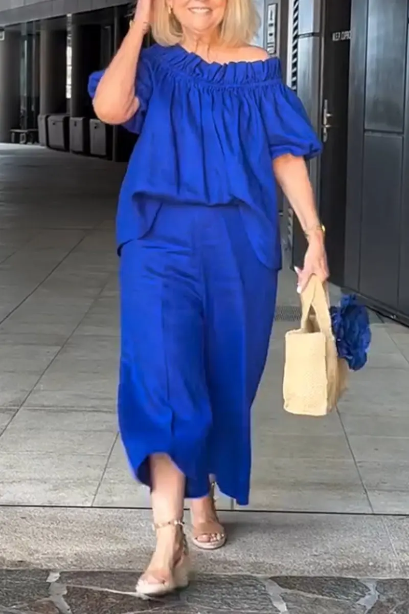 Women Solid Color Loose Two Piece Set Ruffle Neck Ruffles Off Shoulder Blouse & Wide Leg Pants Sets Vintage Casual Female Outfit
Women Solid Color Loose Two Piece Set Ruffle Neck Ruffles Off Shoulder Blouse & Wide Leg Pants Sets Vintage Casual Female Outfit