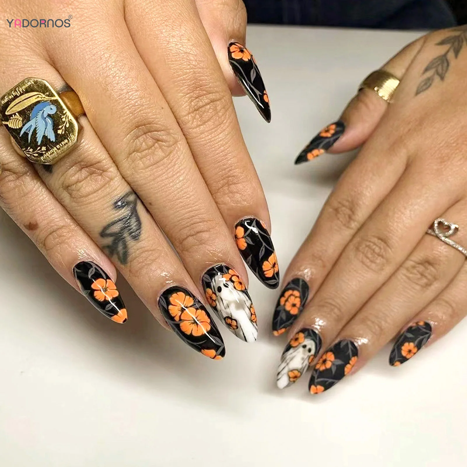 24pcs Dark Black Fake Nails Halloween Theme False Nail Patches Orange Flower Ghost Printed Press On Nails Detachable Manicure
24pcs Dark Black Fake Nails Halloween Theme False Nail Patches Orange Flower Ghost Printed Press On Nails Detachable Manicure