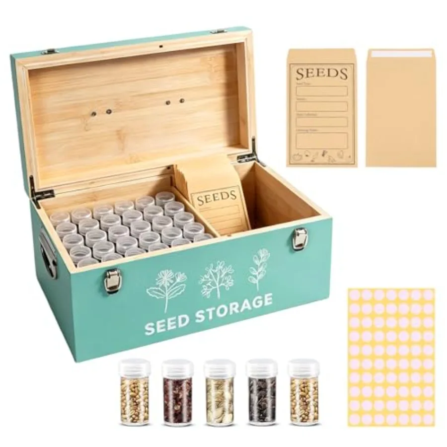 60 Slots Seed Storage Organizer, Bamboo Seed Saving Box with Lid and Safety Locks, Seeds Storage Container with 60 Seeds Envelo