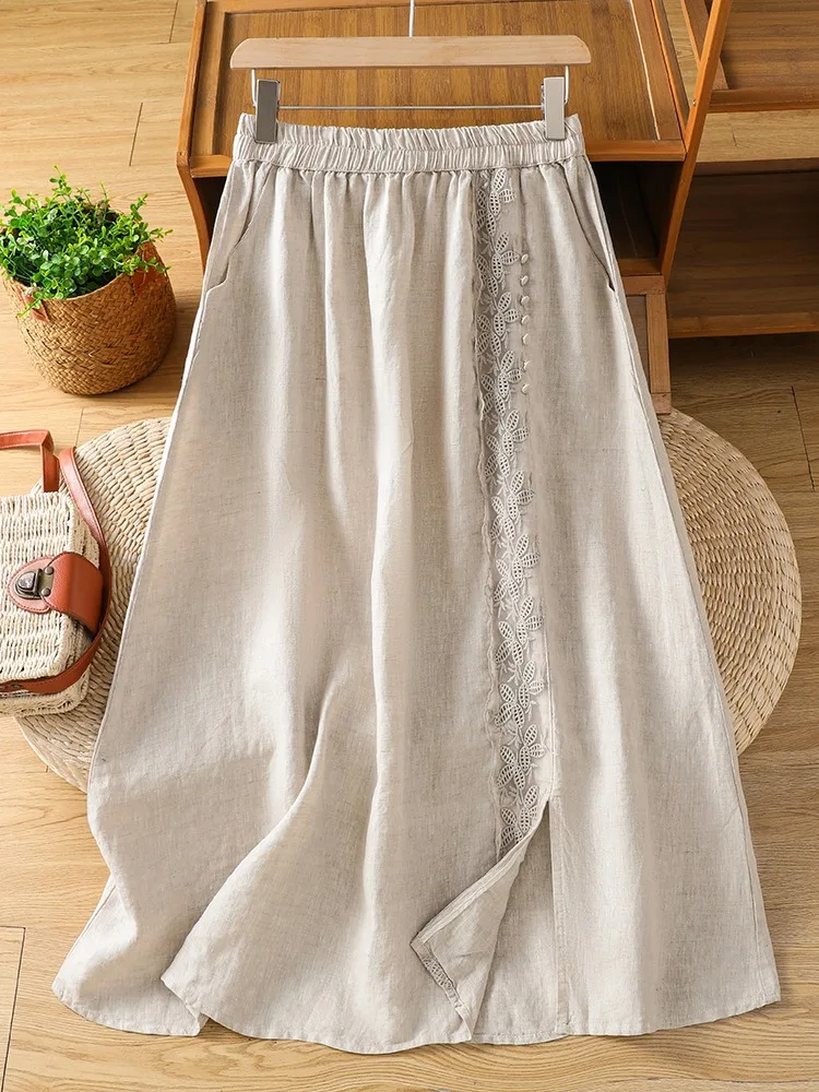 High Waist A-Line Midi Skirt Lace Embroidery Cotton Linen Blend Split Design Summer Casual Women's Skirt Artistic Style
High Waist A-Line Midi Skirt Lace Embroidery Cotton Linen Blend Split Design Summer Casual Women's Skirt Artistic Style