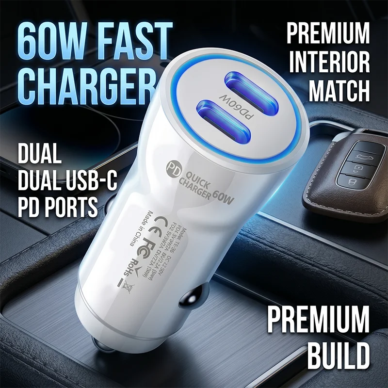Dual USB C Car Charger 60W PD Fast Charging Universal Vehicle Power Adapter For Phone Tablet Dash Cam GPS Stable Plug LED Light
Dual USB C Car Charger 60W PD Fast Charging Universal Vehicle Power Adapter For Phone Tablet Dash Cam GPS Stable Plug LED Light