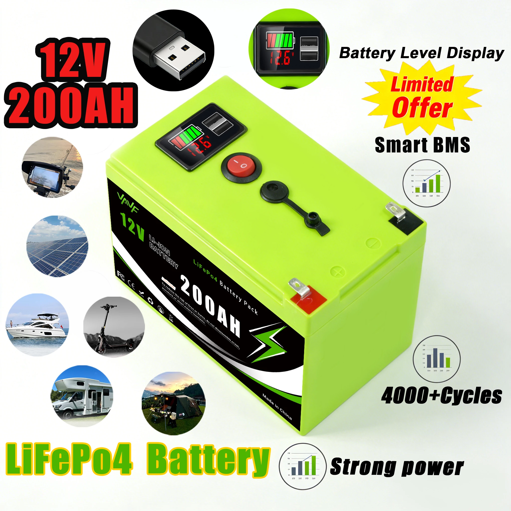 12v Rechargeable Battery200AH Lithium Iron Phosphate Battery with BMS for Reliable RVOff-GridMarine&Solar Applications
12v Rechargeable Battery200AH Lithium Iron Phosphate Battery with BMS for Reliable RVOff-GridMarine&Solar Applications