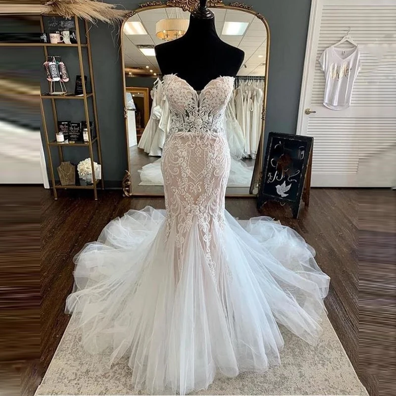 Sexy Mermaid Wedding Dresses Sweetheart Lace Appliques Tulle Bridal Gowns Long Sleeveless Tulle Wedding Party Dress
Sexy Mermaid Wedding Dresses Sweetheart Lace Appliques Tulle Bridal Gowns Long Sleeveless Tulle Wedding Party Dress