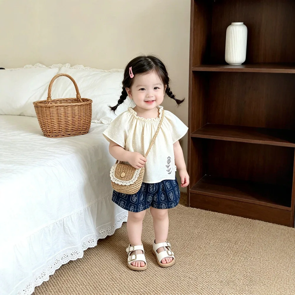 Korean Girls Fresh Embroidered Two Piece Set Baby Summer Puff Sleeve Doll Top Match Navy Print Shorts
Korean Girls Fresh Embroidered Two Piece Set Baby Summer Puff Sleeve Doll Top Match Navy Print Shorts