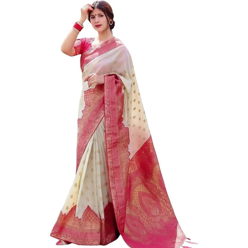 Women’s Banarasi Silk Saree in Cream with Pink Zari Border – Elegant Traditional Saree with Blouse Piece
Women’s Banarasi Silk Saree in Cream with Pink Zari Border – Elegant Traditional Saree with Blouse Piece