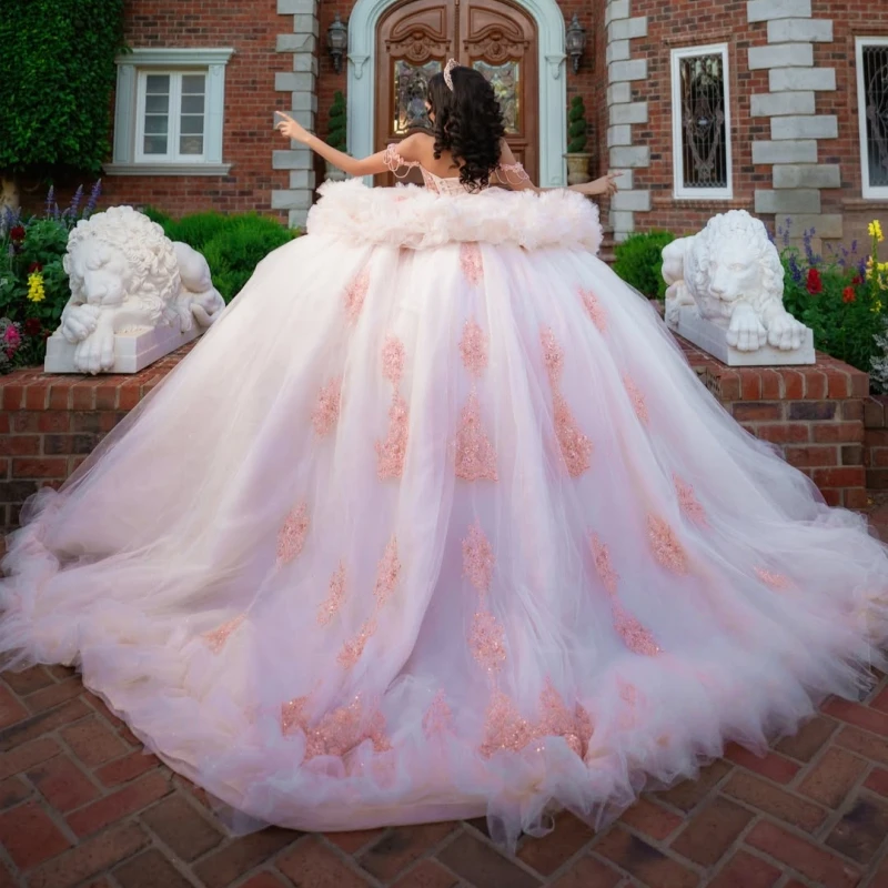 Light Pink Shiny Ball Gown Quinceanera Dresses Applique Lace Beading Crystal Tiered Tull Corset Off The Shoulder Sweet 16 Dress
Light Pink Shiny Ball Gown Quinceanera Dresses Applique Lace Beading Crystal Tiered Tull Corset Off The Shoulder Sweet 16 Dress