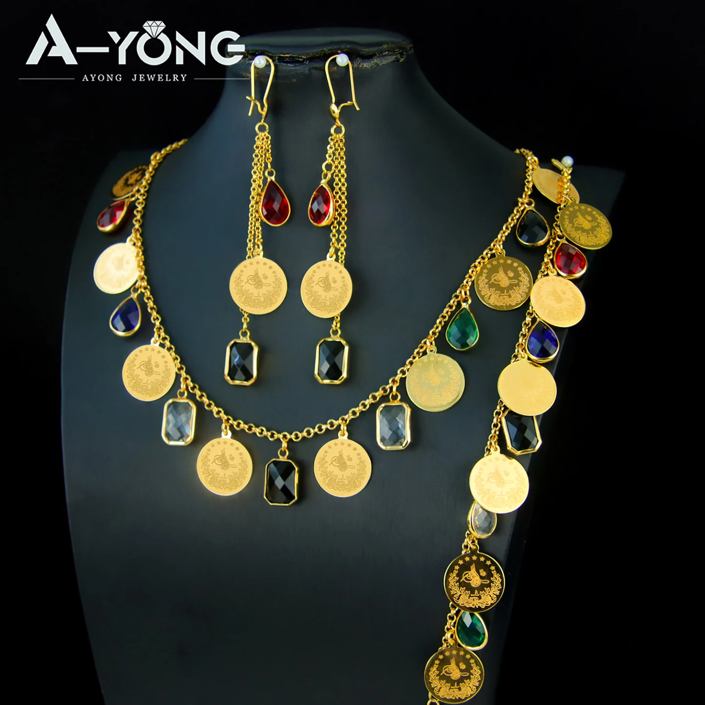 Luxury Algeria Bridal Coins Charm Jewelry 21k Gold Plated Multi Colors Zirconia Pendant Necklace Kurdish Women Daily Jewellry
Luxury Algeria Bridal Coins Charm Jewelry 21k Gold Plated Multi Colors Zirconia Pendant Necklace Kurdish Women Daily Jewellry