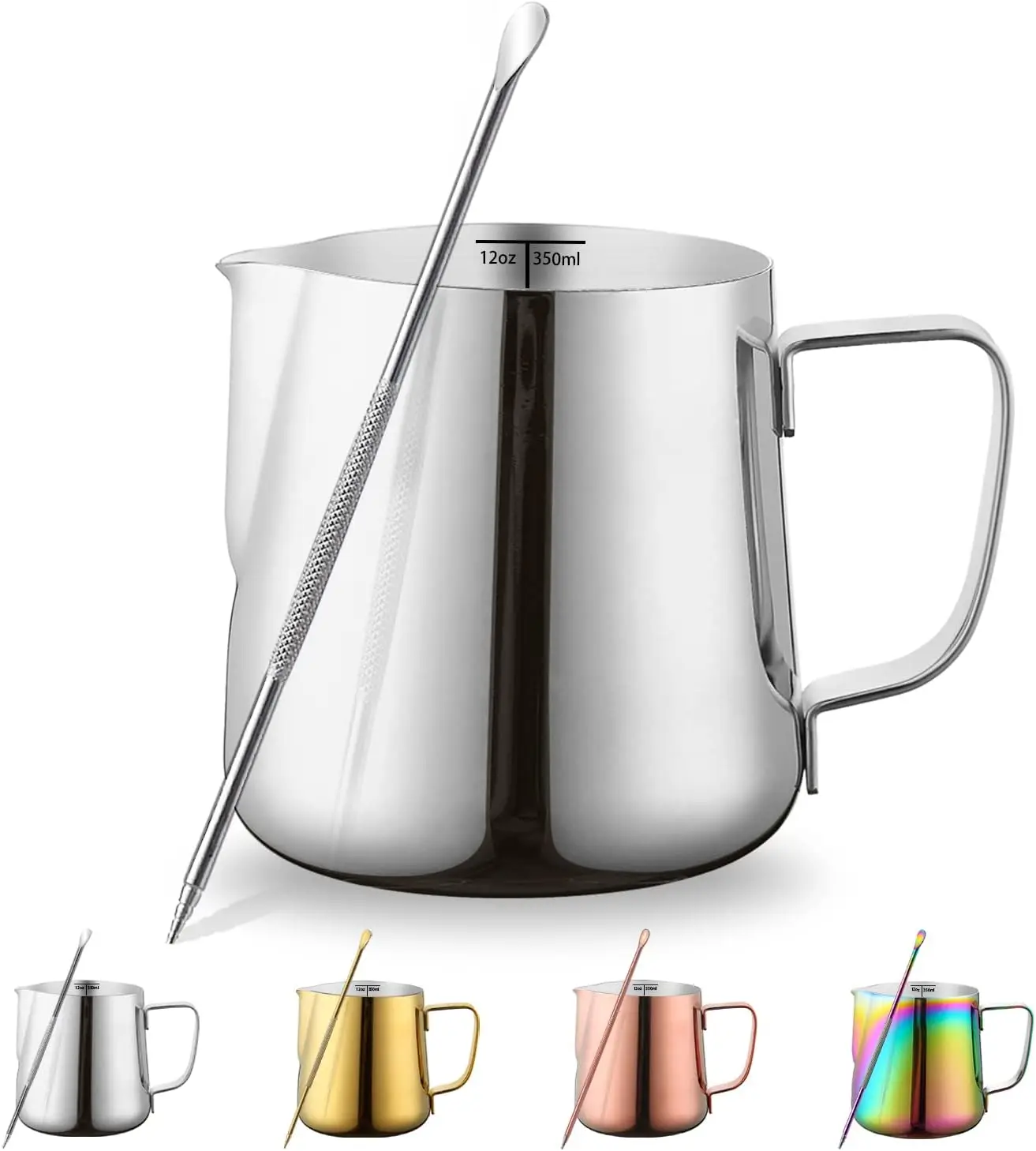 12oz 350ml Milk Frothing Pitcher with Latte Art Pen, Stainless Steel Espresso Steaming Pitcher for Cappuccino, Silver
12oz 350ml Milk Frothing Pitcher with Latte Art Pen, Stainless Steel Espresso Steaming Pitcher for Cappuccino, Silver