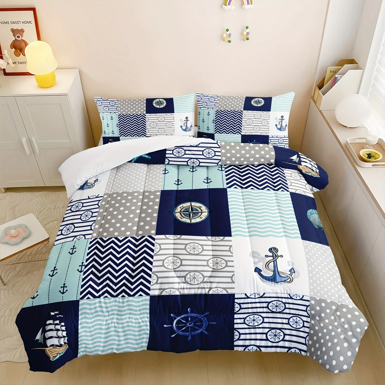 3pcs Modern Fashion Polyester Comforter Set (1*Comforter + 2*Pillowcase, Without Core), Blue Nautical Theme Sailboat Anchor Prin
3pcs Modern Fashion Polyester Comforter Set (1*Comforter + 2*Pillowcase, Without Core), Blue Nautical Theme Sailboat Anchor Prin