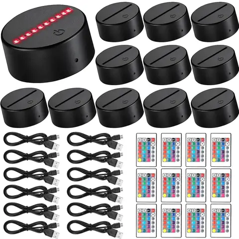 12pçs base de lâmpada de luz led noturna 3d, 16 cores, suporte de exibição de luz decorativa com cabo usb remoto para vidro de resina acrílica