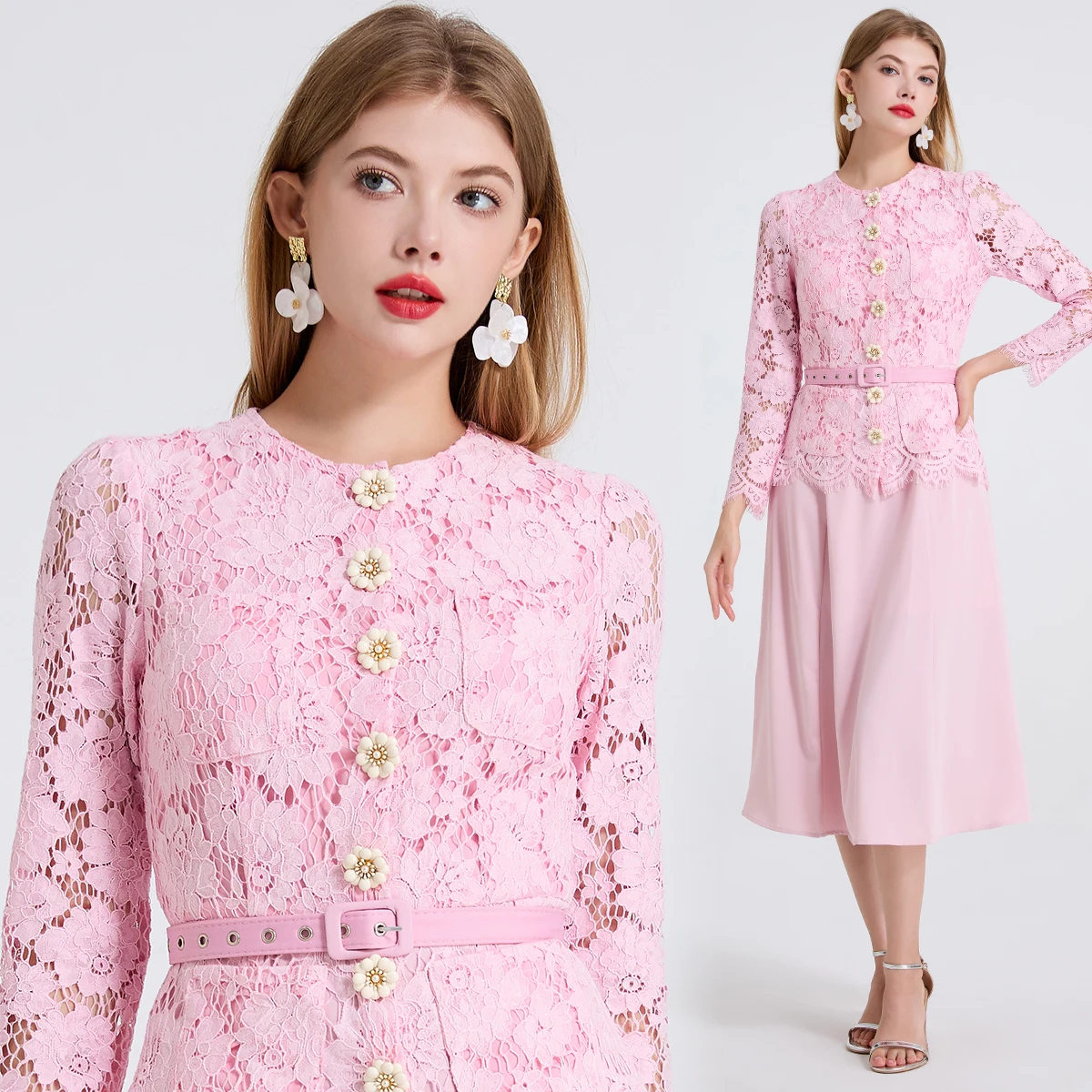 Women's Summer Long Sleeve Lace Patchwork Dress Pink Beaded Buttons Flower Embroidery Evening Prom Midi Holiday Runway Flower
Women's Summer Long Sleeve Lace Patchwork Dress Pink Beaded Buttons Flower Embroidery Evening Prom Midi Holiday Runway Flower