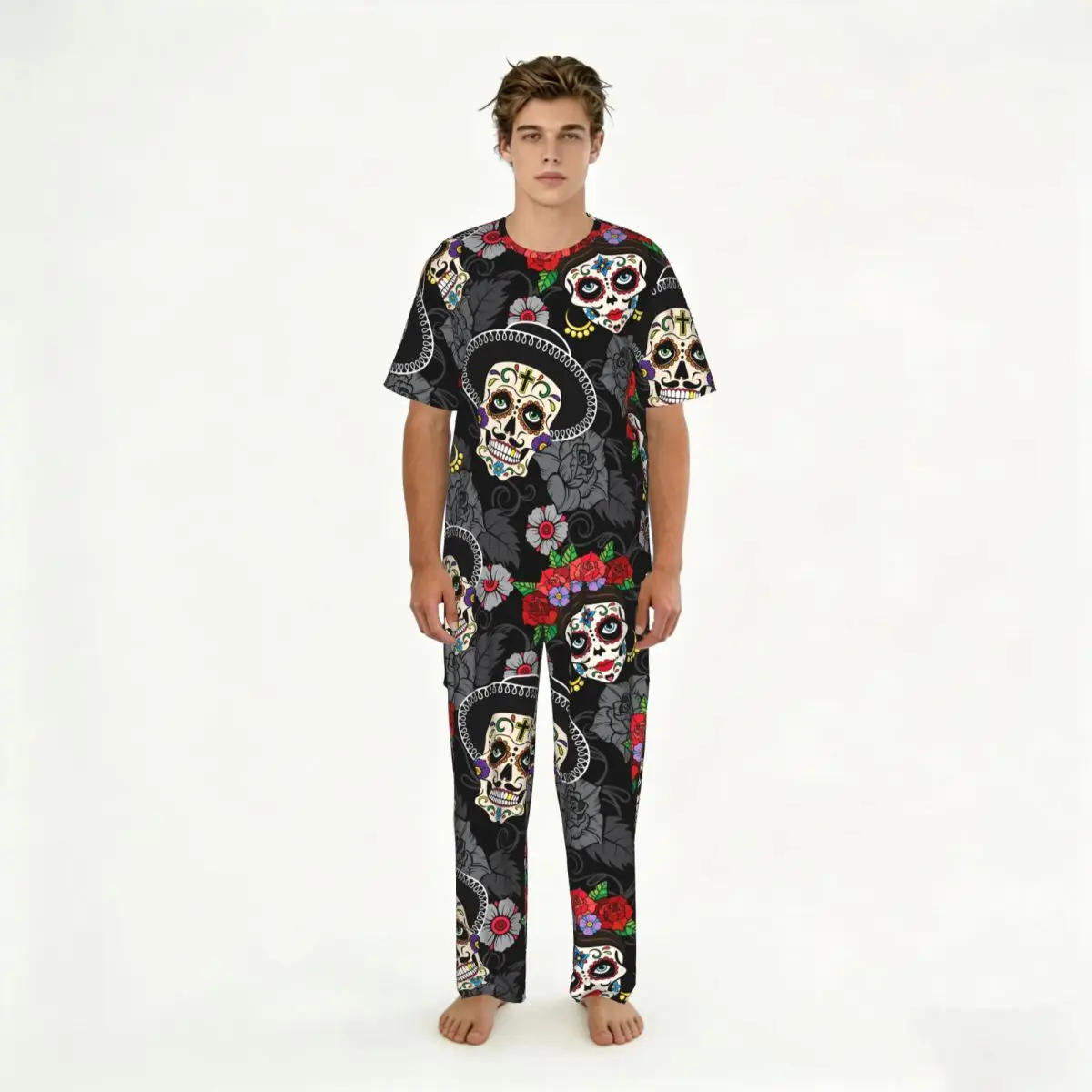 Men Pajamas Suit Short Sleeved Long Pants Day Of The Dead Sugar Skulls Sleepwear Summer Home Clothing Set
Men Pajamas Suit Short Sleeved Long Pants Day Of The Dead Sugar Skulls Sleepwear Summer Home Clothing Set