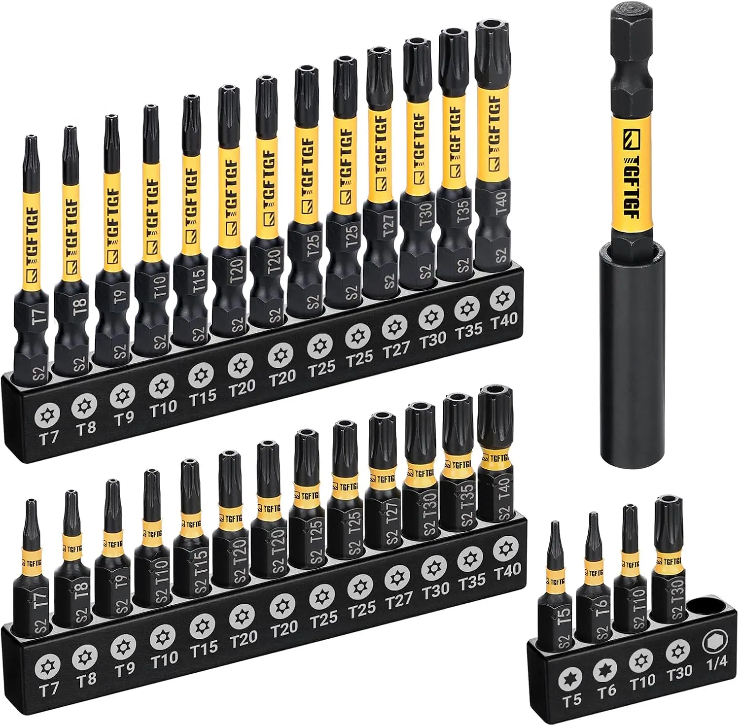 31PCS Security Torx Bit Set T5-T40, 1" 2" S2 Steel, Impact Ready with Magnetic Holder
31PCS Security Torx Bit Set T5-T40, 1" 2" S2 Steel, Impact Ready with Magnetic Holder
