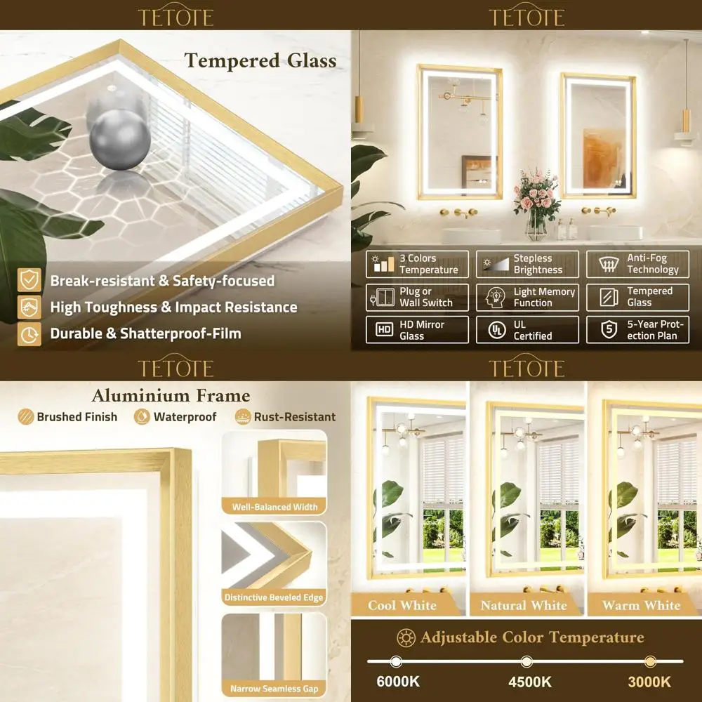 Настенное светодиодное зеркало 24x36 с рамой из матового золота, противотуманное, переднее и заднее освещение, бесступенчатая регулировка яркости, 3 цветовые температуры:
Настенное светодиодное зеркало 24x36 с рамой из матового золота, противотуманное, переднее и заднее освещение, бесступенчатая регулировка яркости, 3 цветовые температуры: