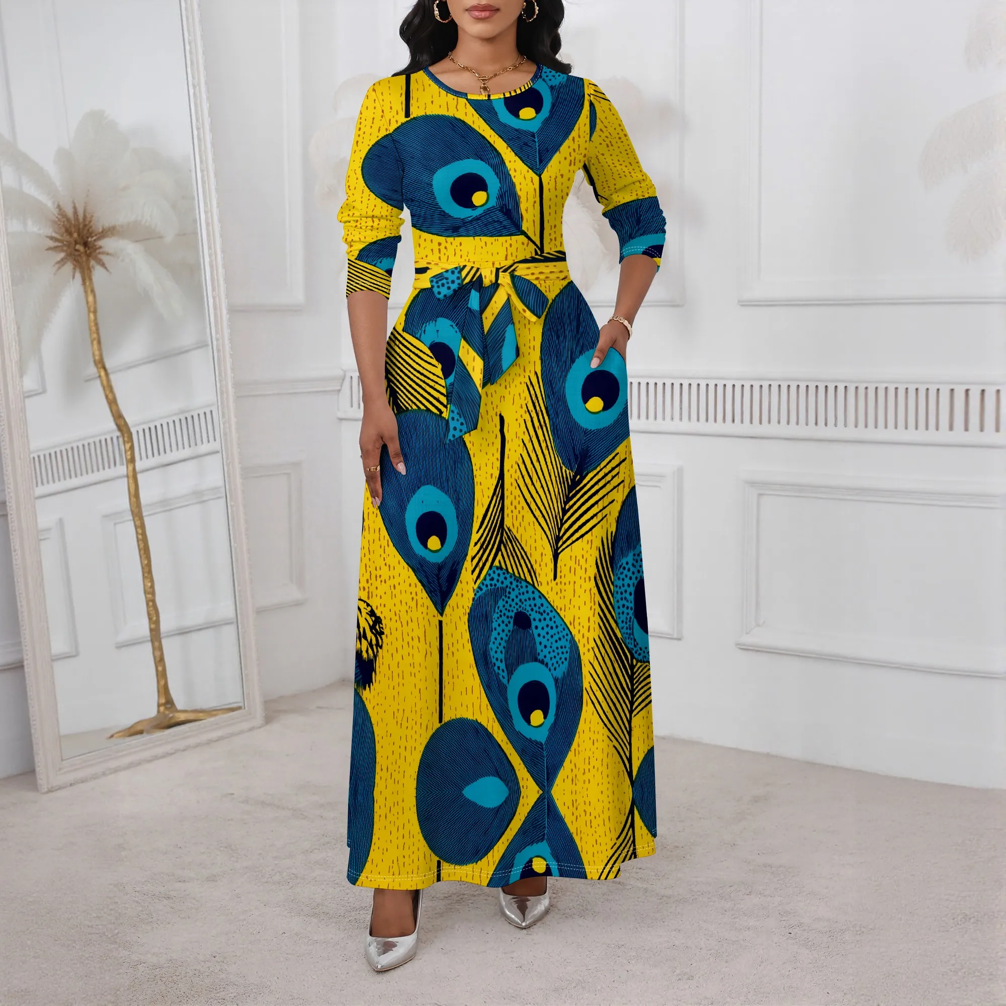 Peacock Feather Maxi Dress XS-3XL Long Sleeve Belted Crew Neck Style for Afro Festival, Kwanzaa or Cultural Holiday Party Look
Peacock Feather Maxi Dress XS-3XL Long Sleeve Belted Crew Neck Style for Afro Festival, Kwanzaa or Cultural Holiday Party Look