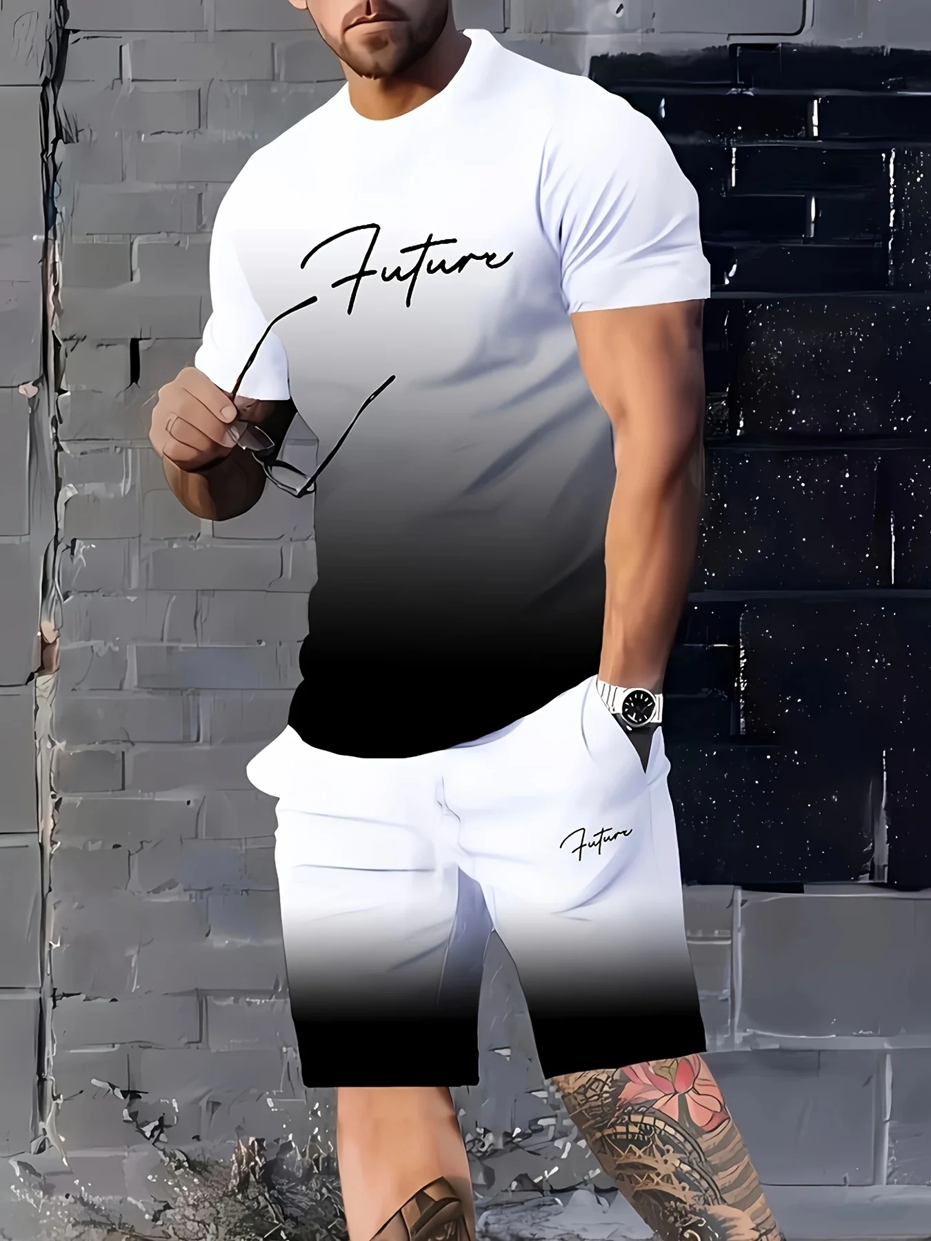 Мужской повседневный комплект спортивной одежды с короткими рукавами и градиентным цветным буквенным элементом с принтом
Мужской повседневный комплект спортивной одежды с короткими рукавами и градиентным цветным буквенным элементом с принтом