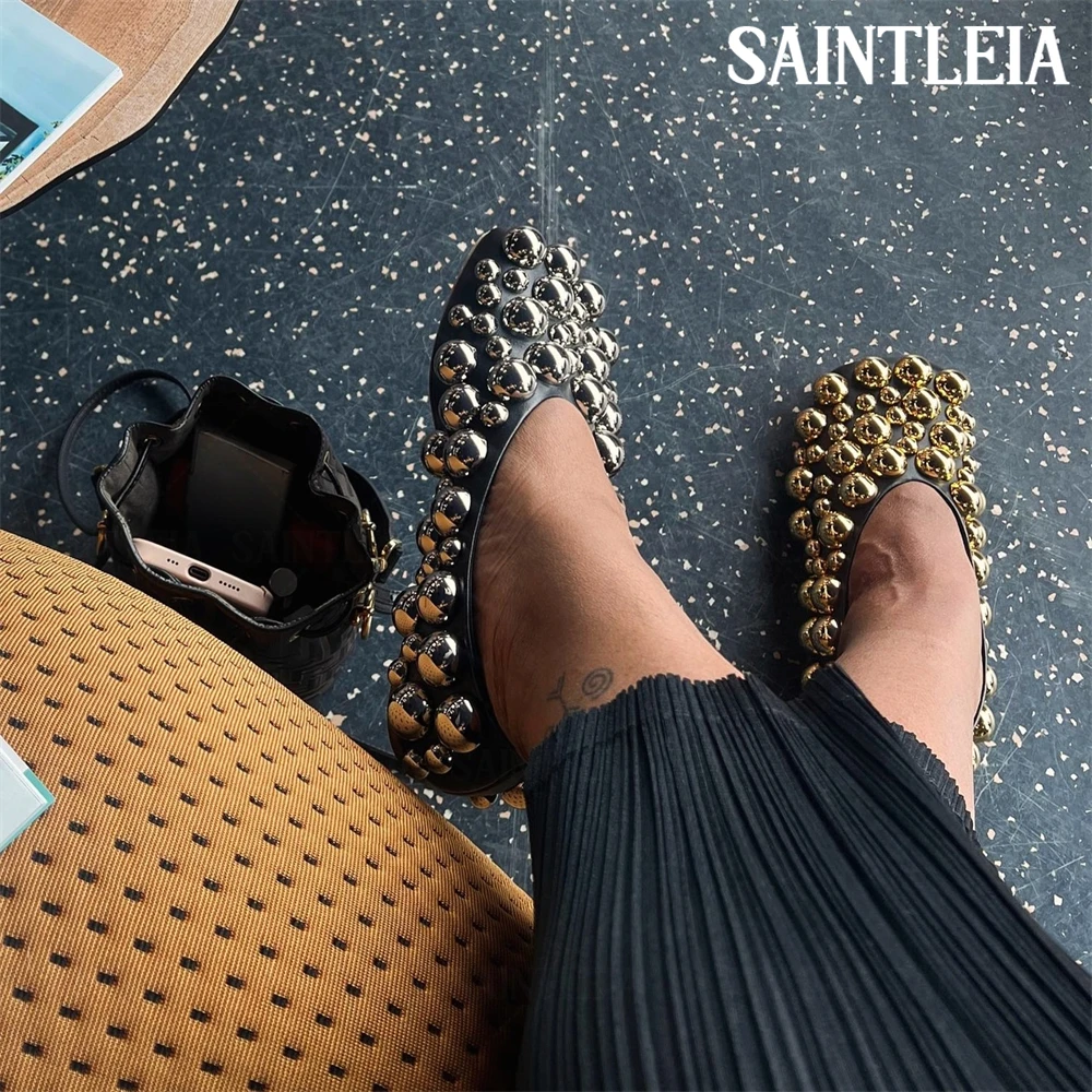 Metallic Stud Embellished Ballerinas Mismatched Silver and Gold Spherical Beaded Flats Squared Toe Black Leather Slip on Shoes
Metallic Stud Embellished Ballerinas Mismatched Silver and Gold Spherical Beaded Flats Squared Toe Black Leather Slip on Shoes