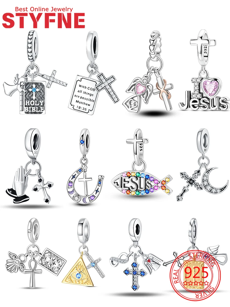 925 Silver Charms Shiny Zircon Bible Cross Moon Prayer Hand Beads Pendant DIY Women Jewelry Fit Original Bracelet Necklace Gift
925 Silver Charms Shiny Zircon Bible Cross Moon Prayer Hand Beads Pendant DIY Women Jewelry Fit Original Bracelet Necklace Gift