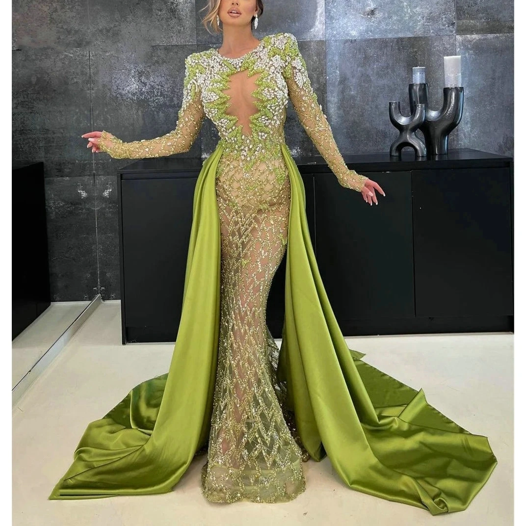 Gorgeous Crystal Sequins Beading Prom Dresses Detachable Train Illusion Mermaid Evening Gowns Custom Made Robe De Soirée
Gorgeous Crystal Sequins Beading Prom Dresses Detachable Train Illusion Mermaid Evening Gowns Custom Made Robe De Soirée