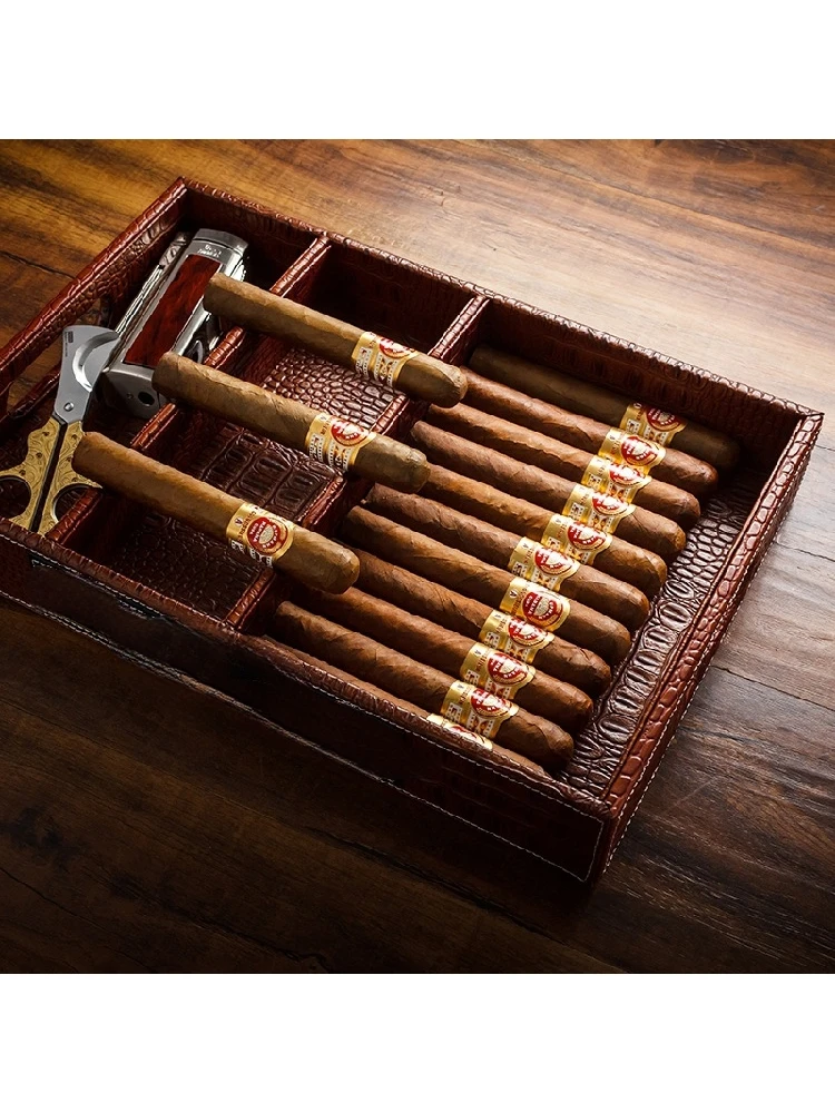 Luxury Brown Leather Cigar Box with Home Bar Lounge Office Club Wooden Cigar Tray Case
Luxury Brown Leather Cigar Box with Home Bar Lounge Office Club Wooden Cigar Tray Case