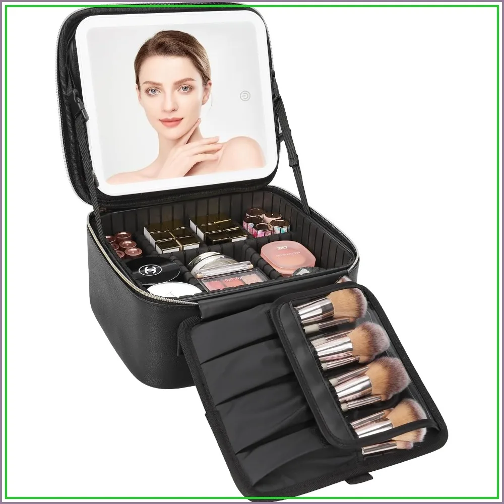 Travel Makeup Bag with LED Mirror, Cosmetic Train Case, Portable Organizer with Adjustable Dividers, Brush Holder
Travel Makeup Bag with LED Mirror, Cosmetic Train Case, Portable Organizer with Adjustable Dividers, Brush Holder
