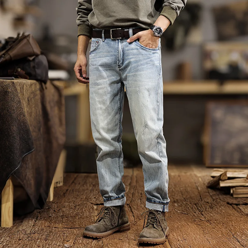 New American red ear denim retro light blue jeans men's high-end Slim small feet stretch straight tapered pants
New American red ear denim retro light blue jeans men's high-end Slim small feet stretch straight tapered pants