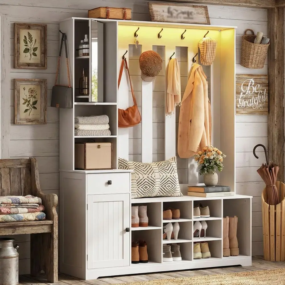 Hall Tree with Bench and Shoe Storage, 59.1" armhouse Entryway Bench with Coat Rack and abric Der, 11 Coat Hooks and 10 Shoe Cub
Hall Tree with Bench and Shoe Storage, 59.1" armhouse Entryway Bench with Coat Rack and abric Der, 11 Coat Hooks and 10 Shoe Cub
