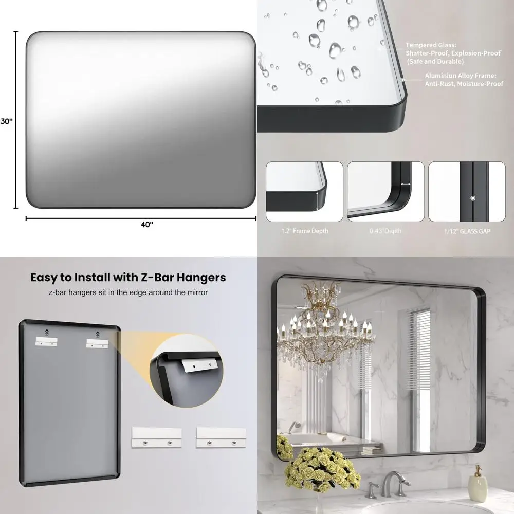 Large 40x30 Inch Matte Black Metal Bathroom Mirror, Tempered Glass, Anti-Rust, Hangs Horizontally or Vertically
Large 40x30 Inch Matte Black Metal Bathroom Mirror, Tempered Glass, Anti-Rust, Hangs Horizontally or Vertically