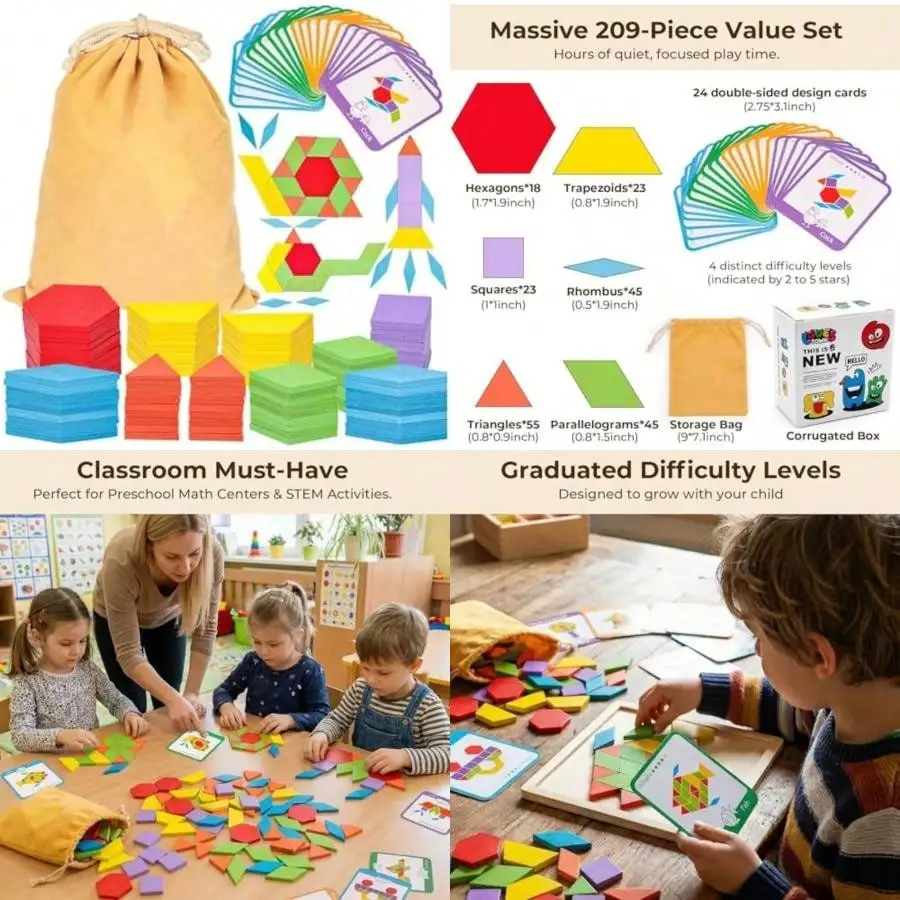 209 Pcs Wooden Pattern Blocks, Geometric Shapes with Activity Cards & Bag, Educational Gift
209 Pcs Wooden Pattern Blocks, Geometric Shapes with Activity Cards & Bag, Educational Gift
