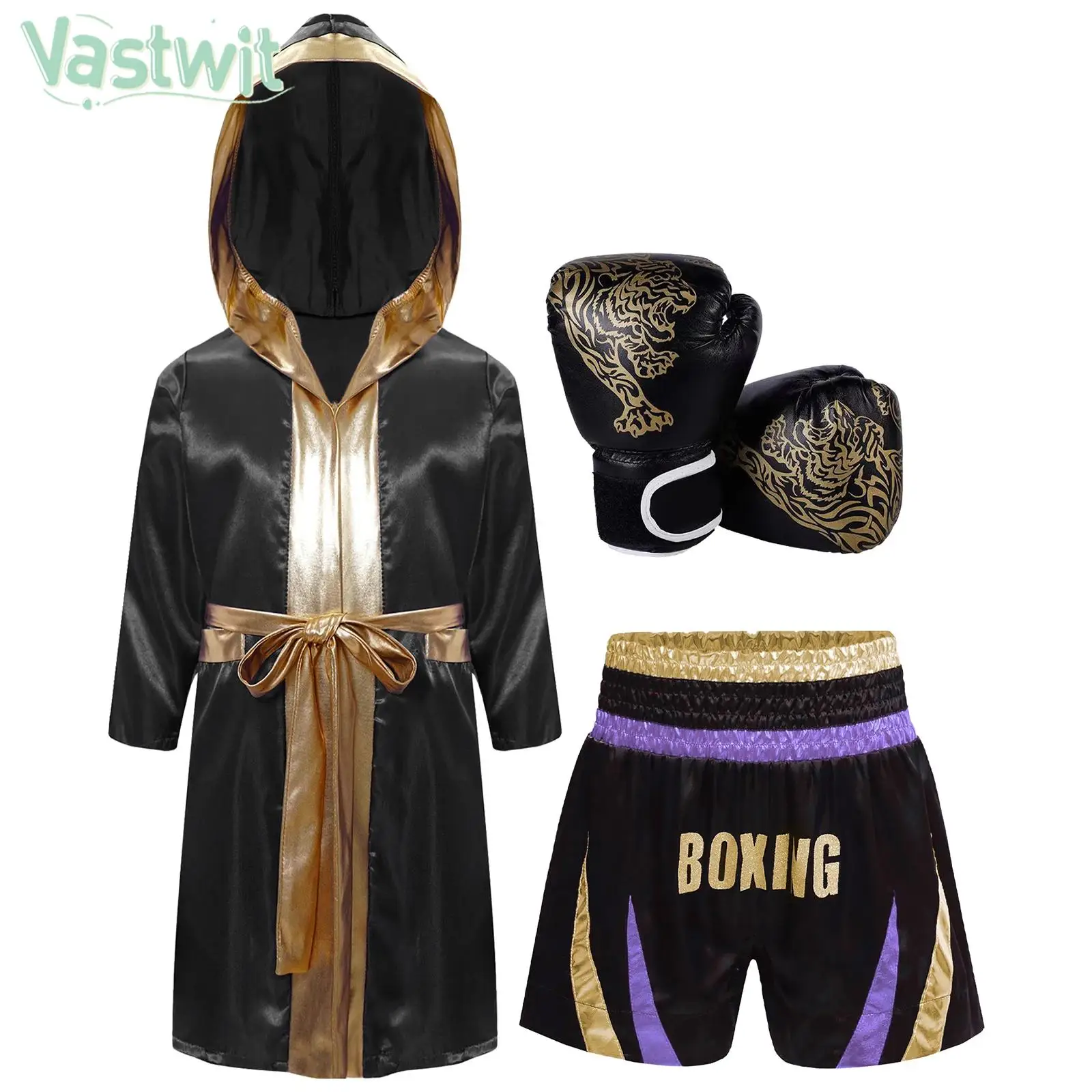 Kids Boxing Hooded Robe Boxer Cosplay Costume Long Sleeve Satin Pugilism Cloak Belt Shorts for Halloween Carnival Masquerade
Kids Boxing Hooded Robe Boxer Cosplay Costume Long Sleeve Satin Pugilism Cloak Belt Shorts for Halloween Carnival Masquerade