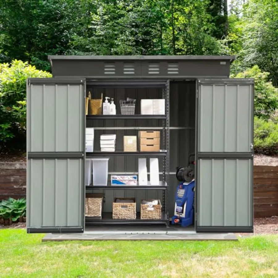 Outdoor storage shed for backyard, patio, lawn; galvanized steel; dark gray; lockable, weather-resistant, 6 x 4 feet
Outdoor storage shed for backyard, patio, lawn; galvanized steel; dark gray; lockable, weather-resistant, 6 x 4 feet