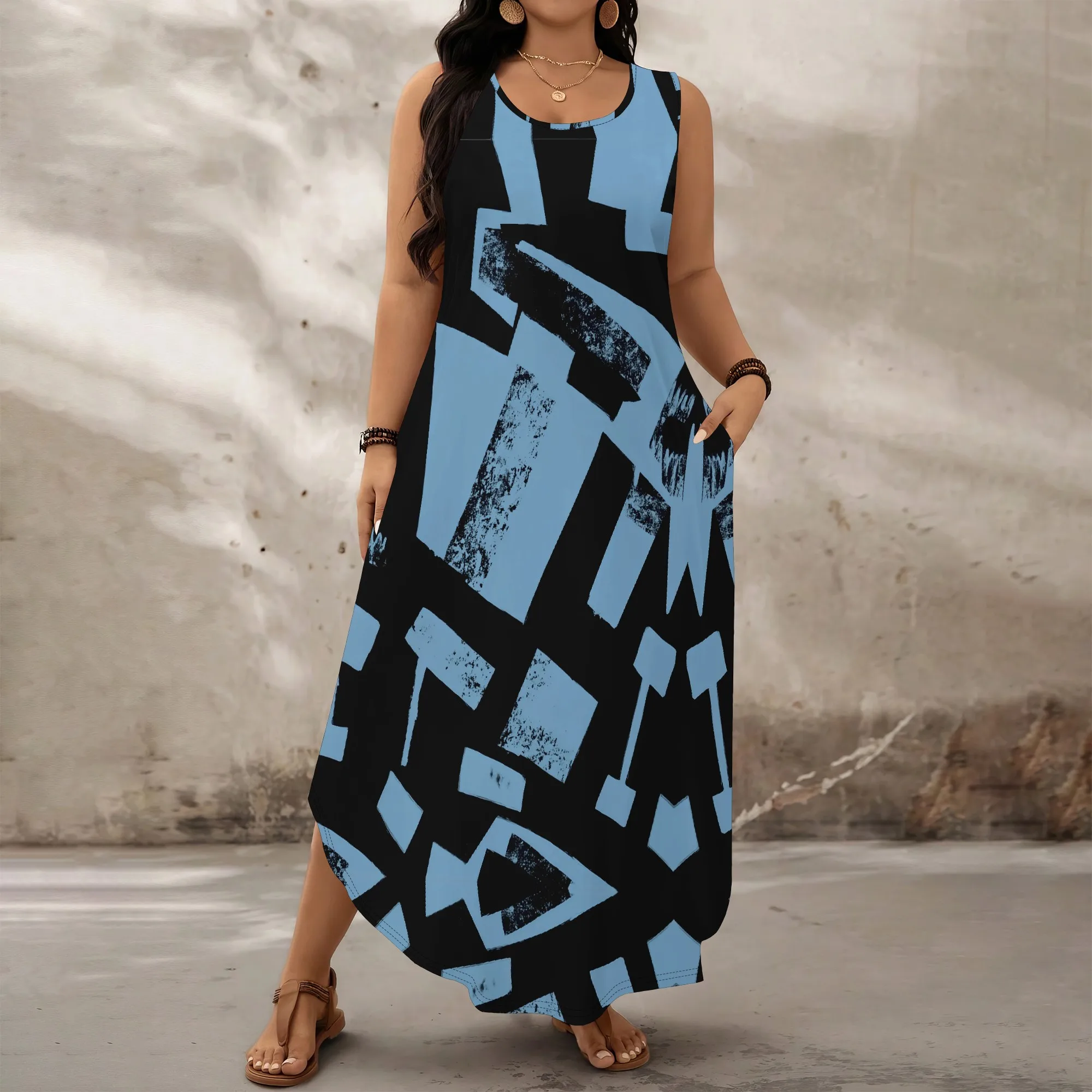 Blue Black Geometric Maxi Dress XL‑6XL Sleeveless Loose Fit A-Line with Pockets for Art Show, Travel or Summer Streetwear Look
Blue Black Geometric Maxi Dress XL‑6XL Sleeveless Loose Fit A-Line with Pockets for Art Show, Travel or Summer Streetwear Look