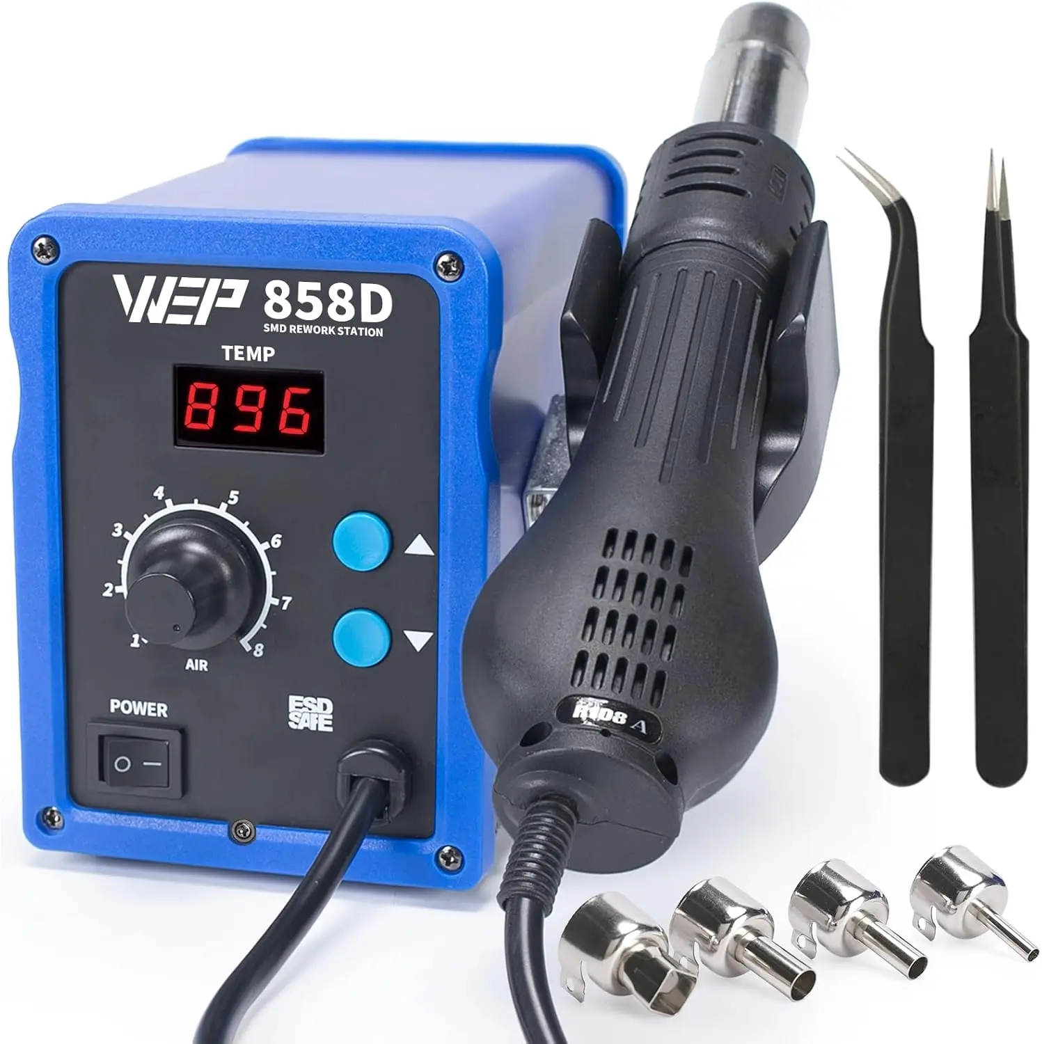 Digital Hot Air Rework Station with Temperature Control, Adjustable Air Volume, and 4 Nozzles for SMD Soldering
Digital Hot Air Rework Station with Temperature Control, Adjustable Air Volume, and 4 Nozzles for SMD Soldering