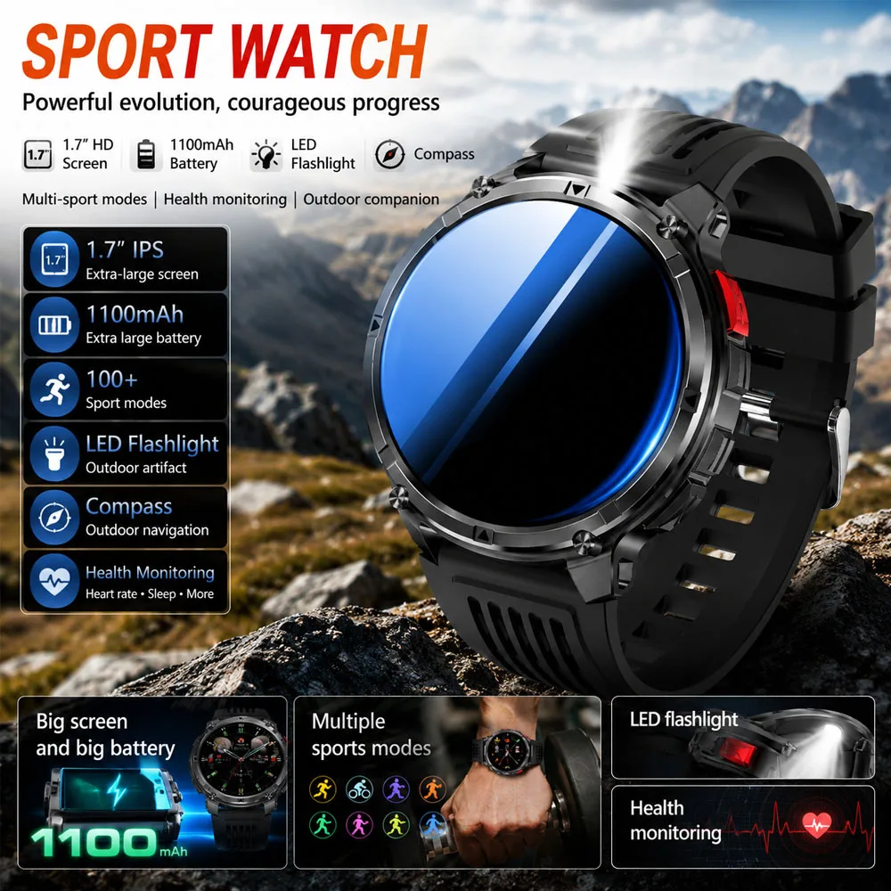 2026 New 1100mAh Battery Men Smart Watch IP68 Waterproof 1.7 Screen Sports Run Tracker Outdoors Compass Military Smartwatch Men
2026 New 1100mAh Battery Men Smart Watch IP68 Waterproof 1.7 Screen Sports Run Tracker Outdoors Compass Military Smartwatch Men