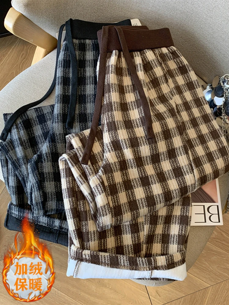 Thick plaid pants women in winter retro contrasting color high waisted drawstring slimming and loose hanging casual pants
Thick plaid pants women in winter retro contrasting color high waisted drawstring slimming and loose hanging casual pants