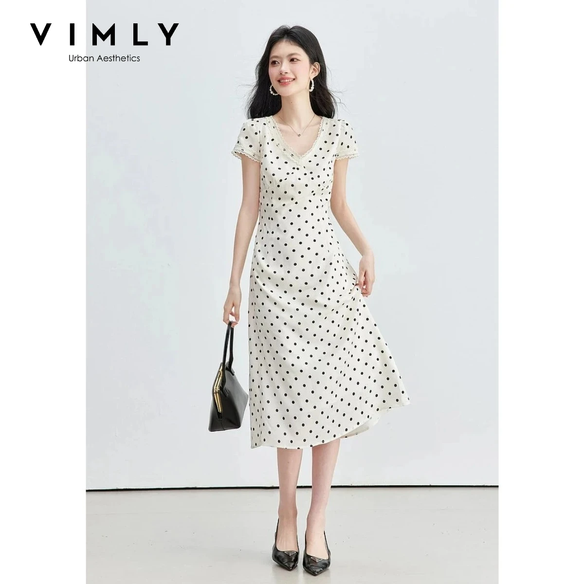 VIMLY Elegant Lace V-Neck Chiffon Dresses for Women 2026 Summer French High-Waist Short Sleeve Casual Polka Dot Dress A6658
VIMLY Elegant Lace V-Neck Chiffon Dresses for Women 2026 Summer French High-Waist Short Sleeve Casual Polka Dot Dress A6658