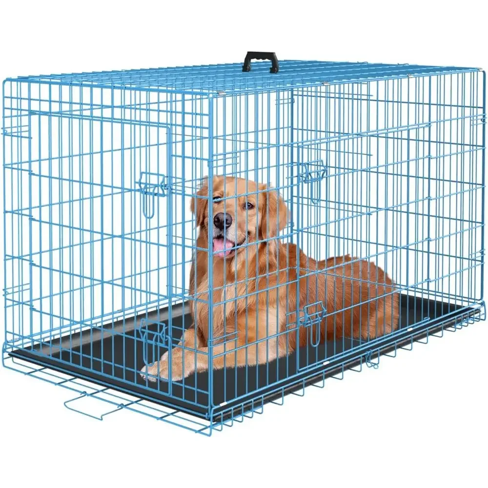 42 Inch Blue Metal Dog Crate with Double Doors, Divider, and Plastic Tray for Travel and Play
42 Inch Blue Metal Dog Crate with Double Doors, Divider, and Plastic Tray for Travel and Play
