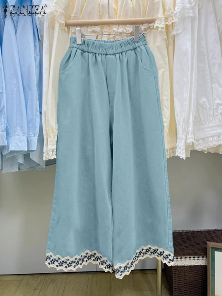 ZANZEA Elastic Waist Lace Patchwork Pantalon Solid Vintage Casual 2025 Spring Wide-Leg Pants Fashion Women Denim-Look Trousers
ZANZEA Elastic Waist Lace Patchwork Pantalon Solid Vintage Casual 2025 Spring Wide-Leg Pants Fashion Women Denim-Look Trousers