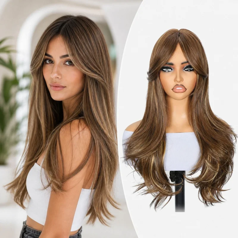 Women's wig with bangs, long hair, brown highlights, layered look
Women's wig with bangs, long hair, brown highlights, layered look