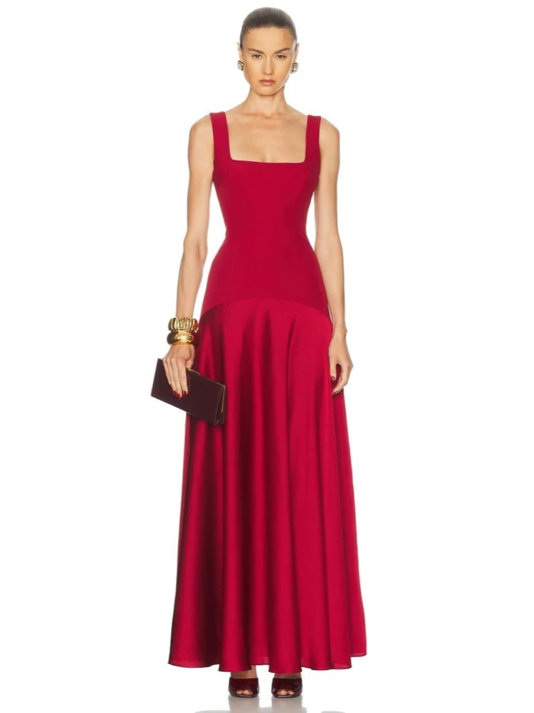 Sexy Square Collar Straps Satin Patchwork Long Dress Women Black Red Sleeveless A-line Dresses Evening Party Cocktail Gowns
Sexy Square Collar Straps Satin Patchwork Long Dress Women Black Red Sleeveless A-line Dresses Evening Party Cocktail Gowns