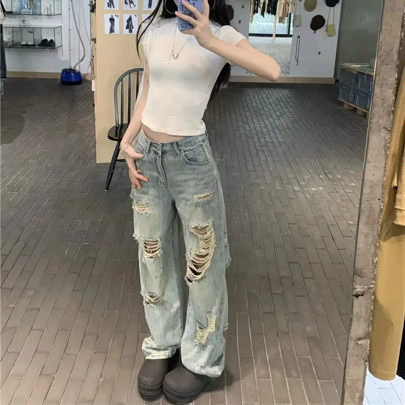American street blue ripped washing jeans women's straight loose slim wide-leg pants
American street blue ripped washing jeans women's straight loose slim wide-leg pants