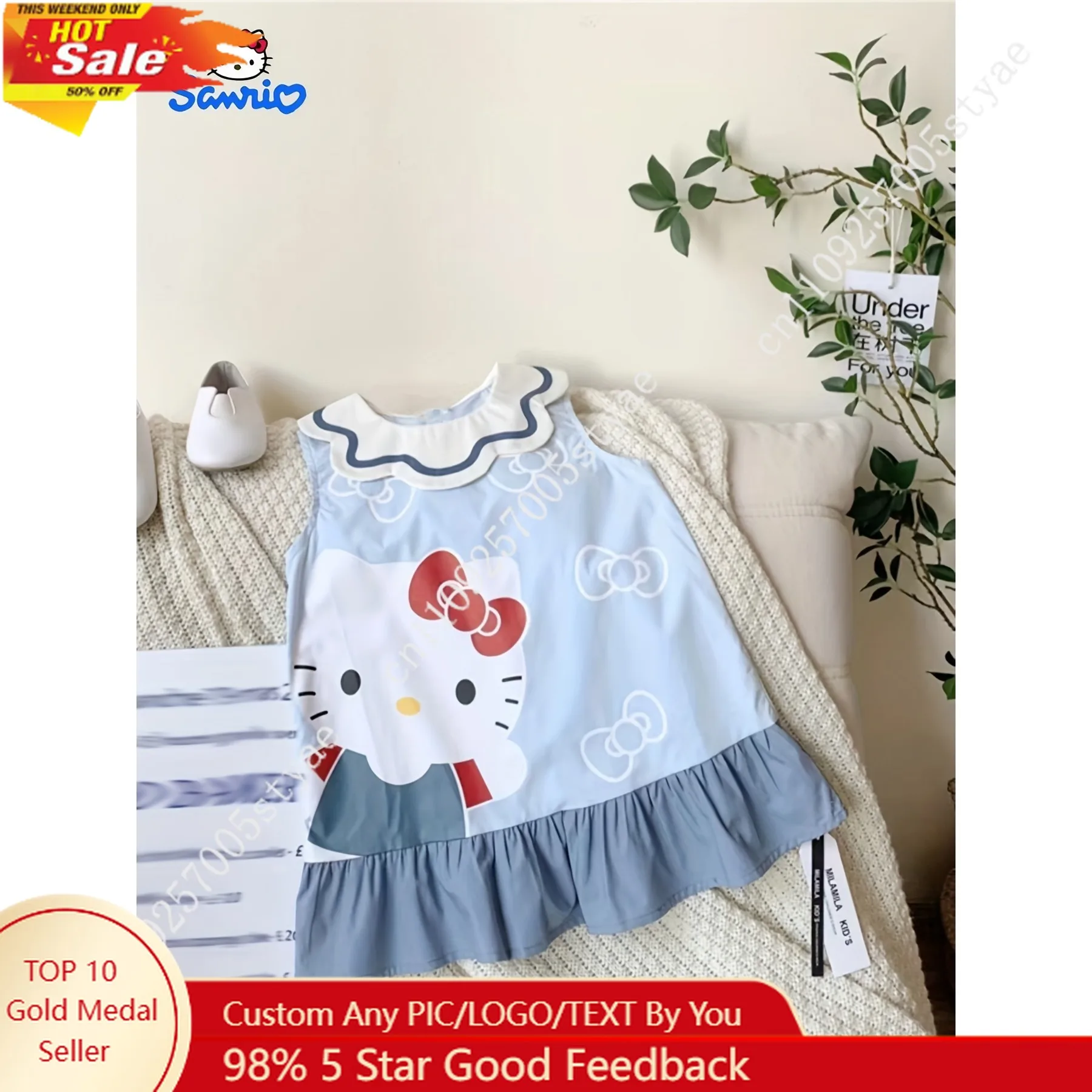 Sanrio Hello Kitty Girl Blue Dress Sleeveless Summer Dress with Ruffled Petal Collar & Hello Kitty Face
Sanrio Hello Kitty Girl Blue Dress Sleeveless Summer Dress with Ruffled Petal Collar & Hello Kitty Face