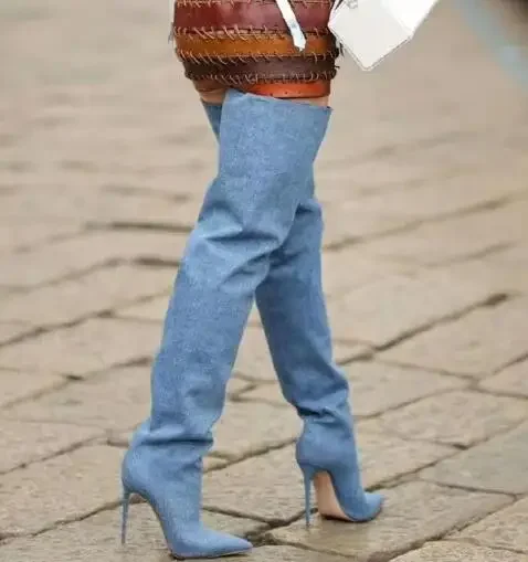 Winter Women Light Blue Denim Jeans Plain Pointed Toe Tube Slip On Thin High Heel Over The Knee Thigh Long Boots Botas Lady
Winter Women Light Blue Denim Jeans Plain Pointed Toe Tube Slip On Thin High Heel Over The Knee Thigh Long Boots Botas Lady