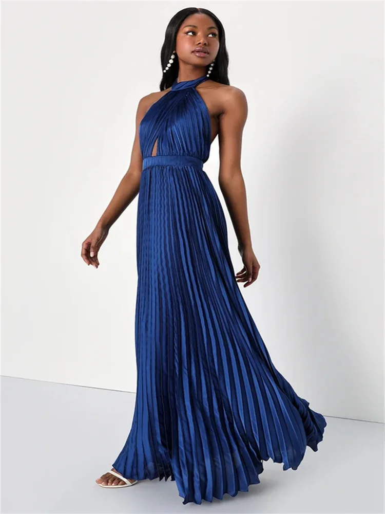 Customized Navy Pleated Satin Cutout Halterneck Maxi Dress Sleeveless Lace-up Halterneck Skirt Pleated Woven Satin Evening Gown
Customized Navy Pleated Satin Cutout Halterneck Maxi Dress Sleeveless Lace-up Halterneck Skirt Pleated Woven Satin Evening Gown