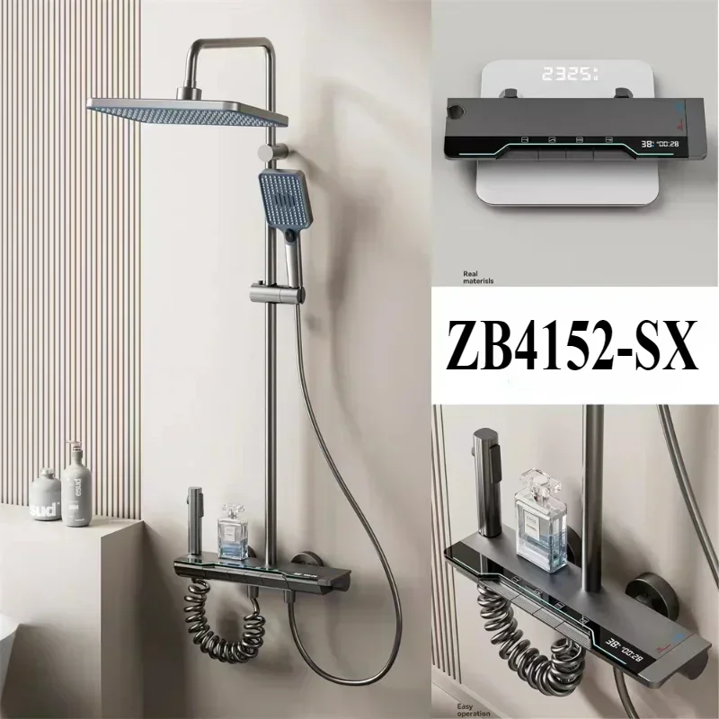 Grey Lengthen Valve Body 4 Functions Shower Set Bathroom Wall Mounted Piano Key Digital Display Hot Cold Shower Faucet System
Grey Lengthen Valve Body 4 Functions Shower Set Bathroom Wall Mounted Piano Key Digital Display Hot Cold Shower Faucet System