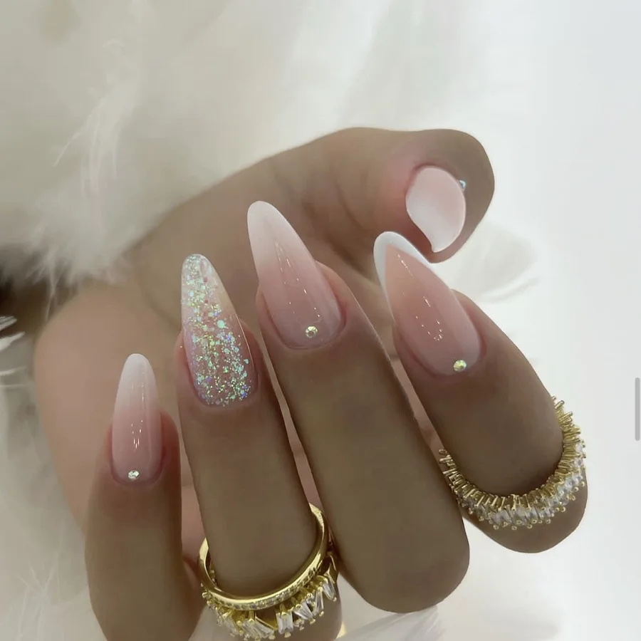 24Pcs Mid-length French Almond Press on Nails Tips with Shiny Powder Rhinestone Design Fake Nail Reusable Full Cover False Nails
24Pcs Mid-length French Almond Press on Nails Tips with Shiny Powder Rhinestone Design Fake Nail Reusable Full Cover False Nails