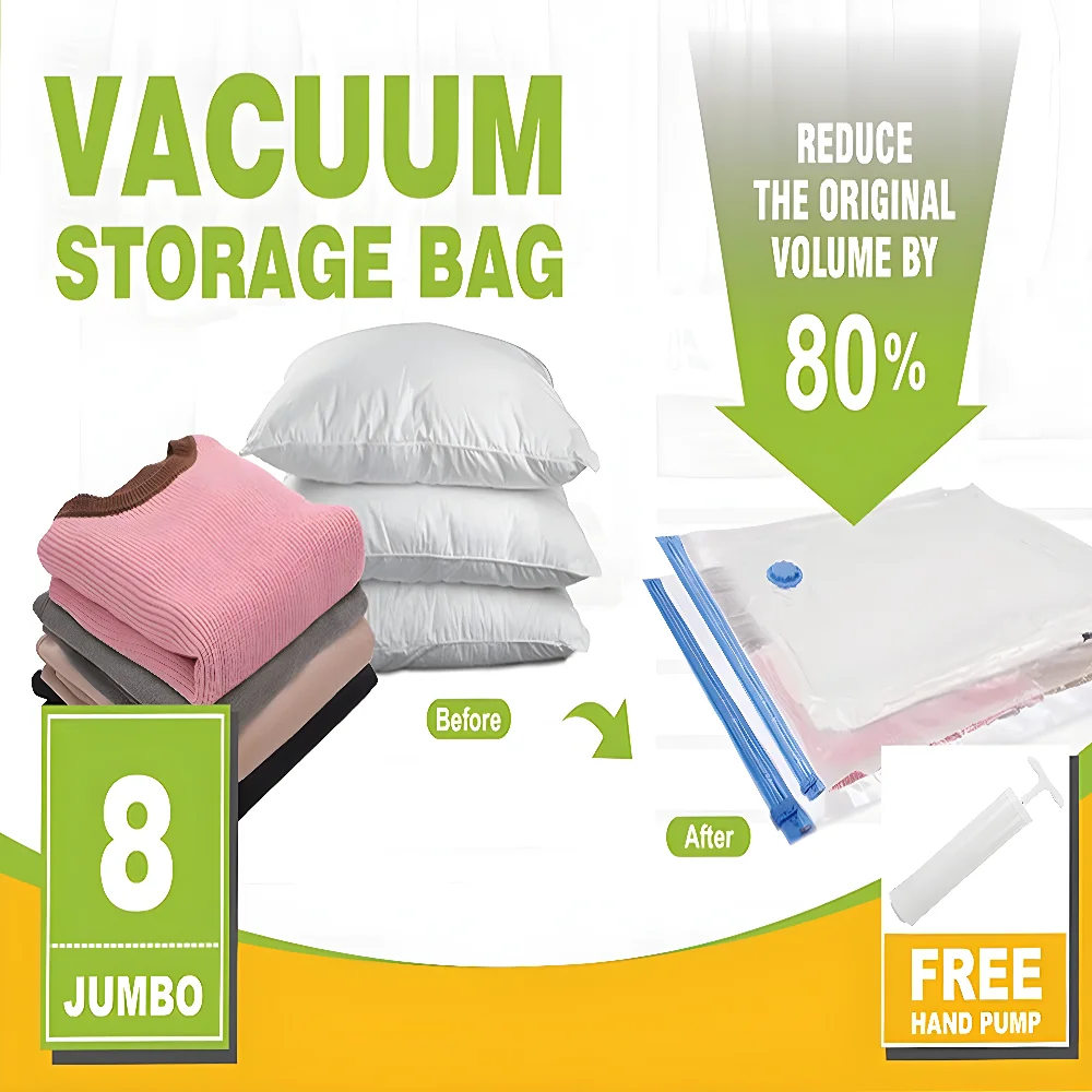 8 Pack Vacuum Storage Bags, Space Saver Bags with Hand Pump, Vacuum Seal Bags for Clothing, Comforters, Blankets, Bedding
8 Pack Vacuum Storage Bags, Space Saver Bags with Hand Pump, Vacuum Seal Bags for Clothing, Comforters, Blankets, Bedding
